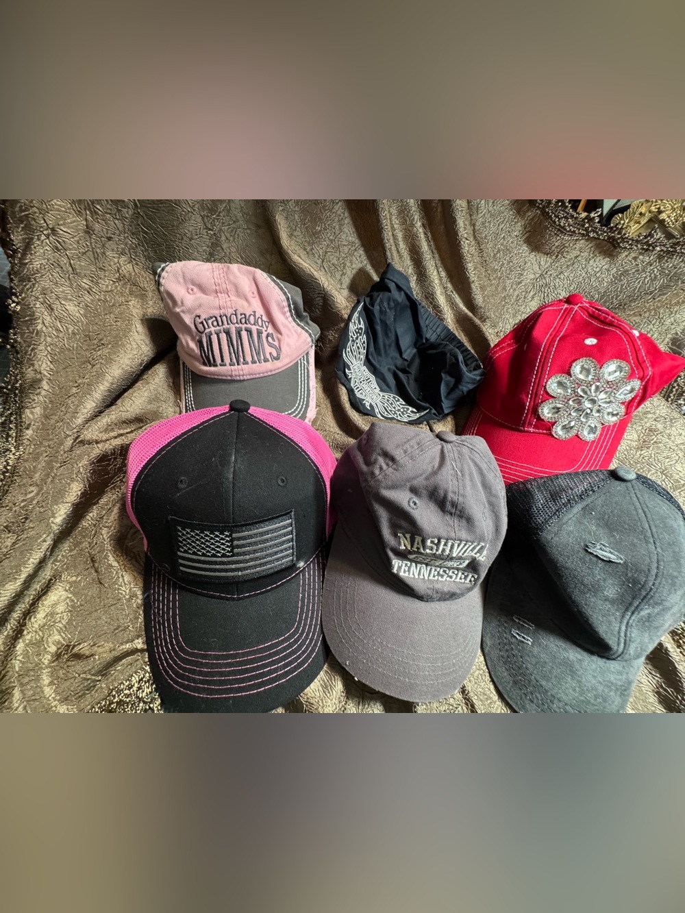 Lot of 4 hats and a Harley hair bandana — Unbranded